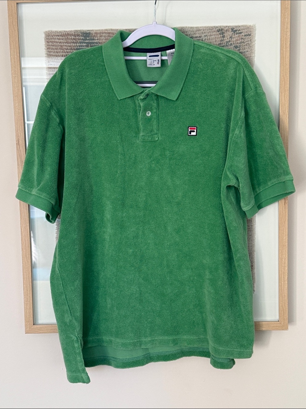 VTG FILA Green Terry Cloth Polo Shirt Embroidered Logo Mens Large Retro